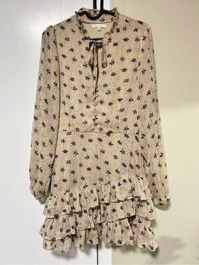 BAEVELY Beige Dress with Navy Floral Print and Ruffles